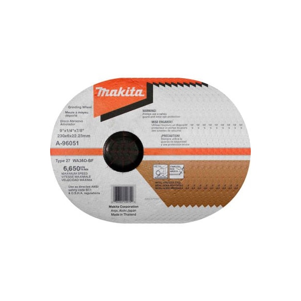 Makita INOX Grinding Wheel, 36 Grit, Type 27, 9in Dia x 1/4inT x 7/8in Cntr Hole Dia, 10/Pk A-96051-10 - main